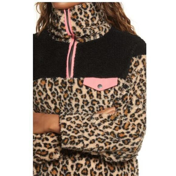 BP. Women's Leopard Colorblock Fleece Pullover in Tan Dale Leopard Small $55 - Picture 2 of 6